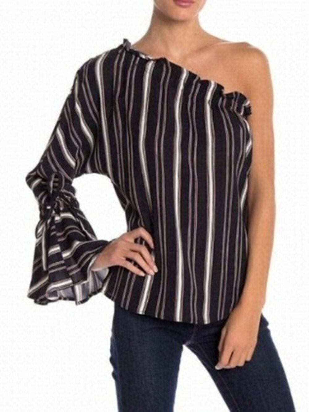 Anthropologie Bishop + Young Striped One Shoulder Bell Sleeve Top Size Small